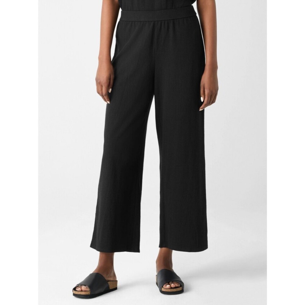 Eileen Fisher Crinkled Cotton Jersey Pull On Wide Leg Ankle Pants Black XL NEW